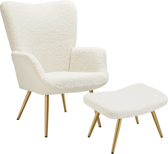 tectake Sessel im skandinavischen Stil - Mit Fußhocker - Teddy Chair Hygge - Sessel für Wohnzimmer, Schlafzimmer - Loungesessel - Goldfarbene Metallbeine - Belastbarkeit bis 150 kg - Creme