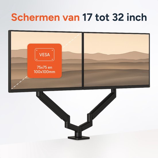 Skoov Monitorarm - Mit Gasfeder - Für 13-32 Zoll - 2 Bildschirme - Stütze - Extra stabil - Schwarz