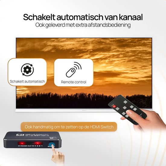 Drivv. HDMI Umschalter 4K 60Hz - 5 Eingänge 1 Ausgang - Inklusive Fernbedienung - Automatische Umschaltung - Unterstützt 720p/1080p/4K/3D - Schwarz