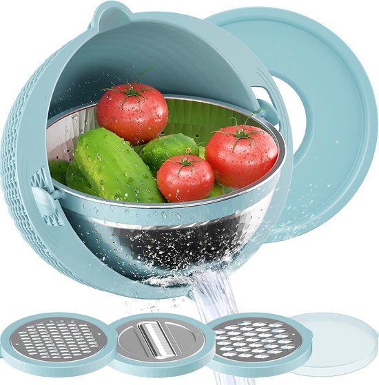 Goliving Salatschüssel - 2,5L - Ø 26 cm - Rührschüssel - Sieb - Bratschüssel mit Deckel - Servierschüssel - Gemüseschneider - Hackmesser - Blau