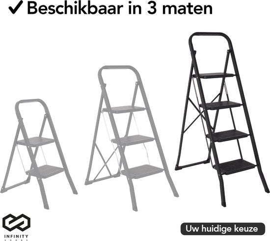 Infinity Goods Stabile Haushaltsleiter 4 Stufen - Küchentreppe zusammenklappbar - Antirutsch - Treppenleiter - faltbar - Metall - Schwarz