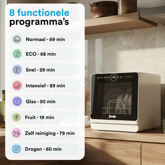 Joula Freistehender Mini-Geschirrspüler - Mit Wassertank - 7 Waschprogramme - 5 Programme - Kleiner Geschirrspüler - Schmaler Camping-Geschirrspüler Freistehend - 43x43x46 cm - Weiß