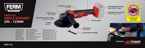 FERM - AX-POWER - AGM1126 - Akku - Winkelschleifer - 125 mm - 20Volt - 8000t/min - Softgrip - Seitlicher Griff an zwei Stellen - Verstellbare Schutzkappe - Sicherheitsschalter - Ohne Akku und ohne Ladegerät - Geeignet für AX und FX Akku-Plattform