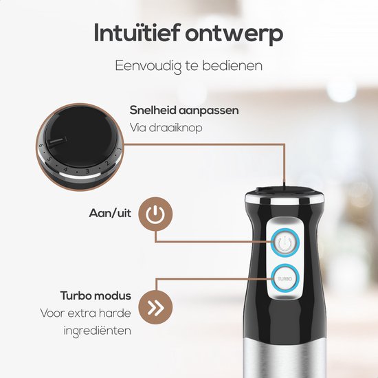 KitchenLove Stabmixer - 800W - 6 Geschwindigkeiten + Turbo - Schwarz/RVS
