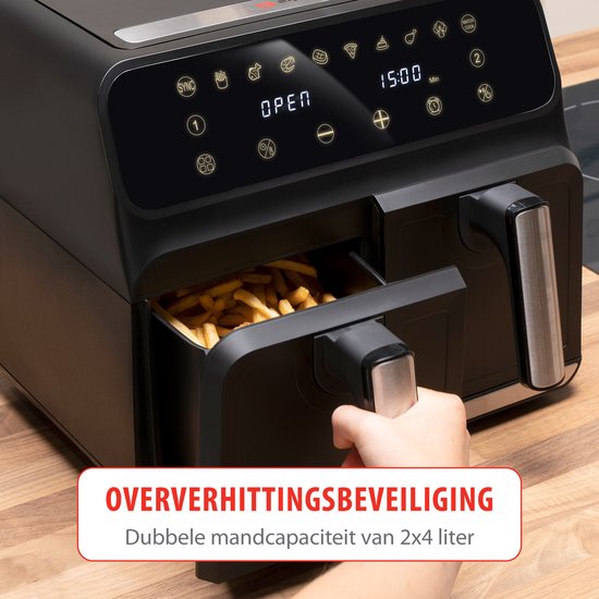 alpina Double Airfryer XL 8L - Heißluftfritteuse für 4 bis 8 Personen - Fassungsvermögen 2x4L - Digitalanzeige - Fritteuse 1700 W - Sync Finish Funktion - Schwarz