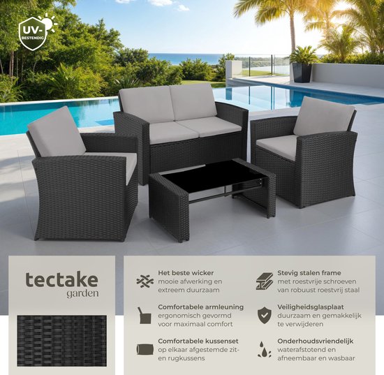 tectake Geflecht-Gartenset für 4 Personen - 2-sitzige Gartenbank und 2 Gartenstühle - Tisch mit abnehmbarer Glasplatte - Bequeme Sitz- und Rückenkissen - Lounge-Set für Garten, Terrasse, Balkon - Schwarz