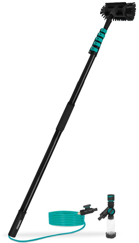 VONROC Hybrid-Teleskop-Waschbürste - Aluminium/3K Vollkohle - 7,5 Meter - Inkl. 5-stufigem Bürstenkopf, 11m Wasserschlauch und Seifenspender