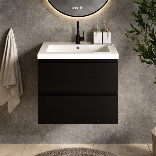 Mirlux Badmöbel Matte Schwarz 60 cm - Waschtisch Weiß - Badmöbel Set - Waschtischschrank Matte Schwarz