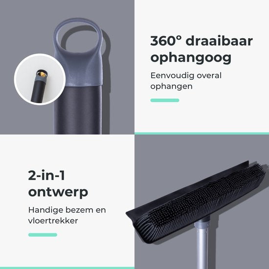 CLEANLY Gummibesen mit Bodenwischer - Barbierbesen - Weicher Besen für drinnen und draußen - Teleskop 114-142 cm - Bürste mit Stiel - Innenbesen - Breite 34 cm - Schwarz, Grau