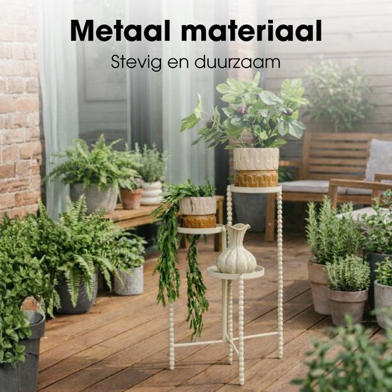 Mica Decorations Salvo Pflanzenregal – Pflanzenständer für Zimmerpflanzen – Pflanzentisch für den Innenbereich – Pflanzenuntersetzer mit drei Ablagen – 40 x 40 x 70 cm – Eisen – Offwhite