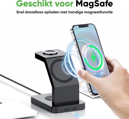 iSETCHI - Kabelloses Qi & Magsafe Ladegerät 3-in-1 - 15 Watt - Schwarzer Kunststoff - Inklusive QC 3.0 Adapter - Für iPhone, Apple Watch & Airpods - Organisierter Arbeitsplatz