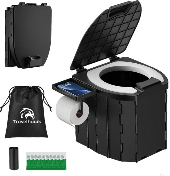 Travelhawk Campingtoilette - Toiletteneimer - Tragbar & faltbar - Inklusive 12 biologisch abbaubaren Beuteln und 10 Absorptionsbeuteln - Ideal für Camping, Festivals & im Freien