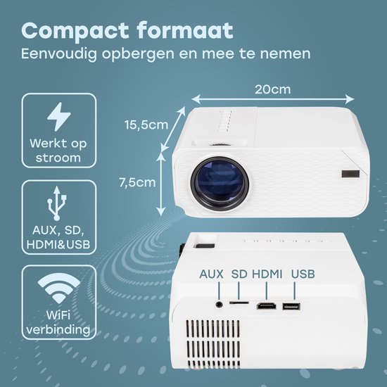 Audyn Beamer - Full HD 1080P - Tragbarer Mini-Beamer - Drahtloser Projektor - Wifi und Bluetooth - Hdmi, Usb und Aux - Weiß