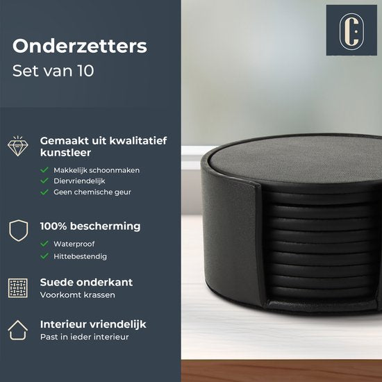 Castagnola Kunstleder-Untersetzer - Untersetzer für Gläser - Design-Untersetzer mit Halterung - Leder-Untersetzer-Set - Leder - 10er-Set - Schwarz