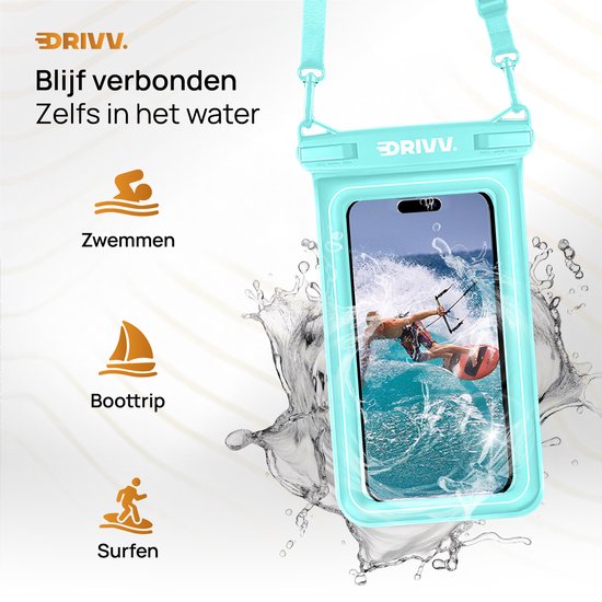 Drivv. Wasserdichte Luxus-Telefonhülle - schwimmend - Doppel-Clip-Verschluss - Telefone bis zu 6,8 Zoll - Unterwasser-Telefonhülle - Blau