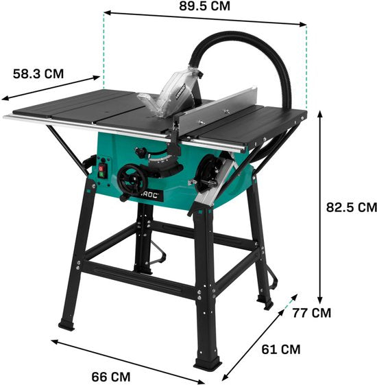 VONROC Sägetisch 2000W - Ø250mm - Große Arbeitsfläche - Sägewinkel einstellbar von 0° bis 45° - Mit Soft-Start-Technik - Inkl. 60T Sägeblatt und Ständer