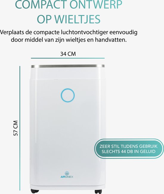 Aironex - Luftentfeuchter und Luftreiniger - 20 l Fassungsvermögen & mit Wasch-Trocken-Funktion - extrem leise mit Led-Anzeige - für Wohnzimmer und Schlafzimmer - weißer Kunststoff