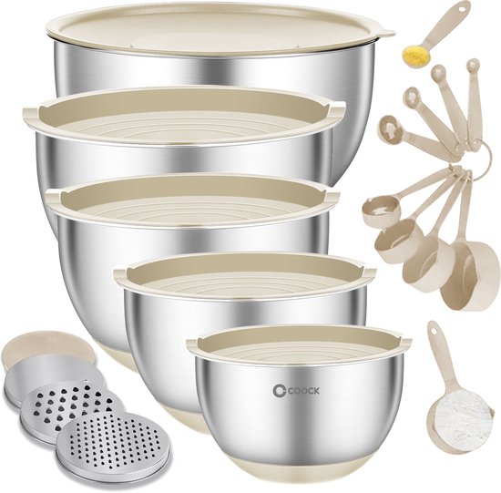 COOCK Edelstahl Rührschüsselset mit Deckel - Bratschüsseln mit Deckel - Vorratsschüssel mit Reibe - Schüssel für Salate & Mischungen - 22-teiliges Set 1,5 bis 5 Liter - Beige - inkl. Messlöffel