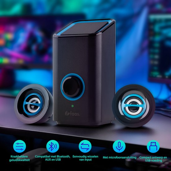 PC-Lautsprecher - Mit Bluetooth 5.0 - Computer-Lautsprecher - Lautsprecher für PC - USB-C und USB-A - Komplettes 3-teiliges Set - Lautsprecher-Set - Schwarz und Blau - Faas