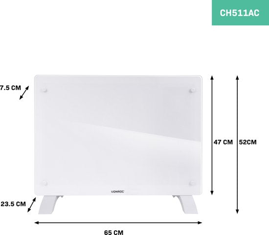 VONROC Luxury electric heater - Mit Glasscheibe - 750W/1500W - Beheizt Räume bis zu 18m2 - Mit App (über Wifi) als auch manuell - Einstellbarer Thermostat und Timer - Weiß