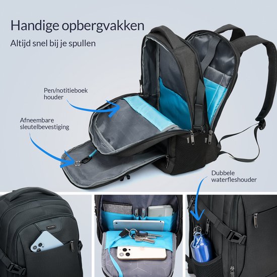 NOHRD Laptop Rucksack - Schwarz - Anti-Diebstahl - Laptoptasche 15.6 Zoll - USB Ladestation - Rucksack Damen & Herren - Wasserabweisend - Schultasche Mädchen & Jungen - Büchertasche mit Laptopfach