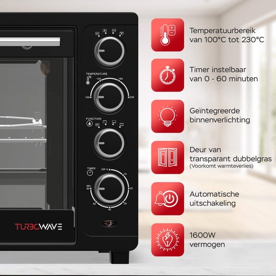 TurboTronic EV35 Freistehender Backofen 35L - Mini-Backofen - Elektrobackofen - Schwarz