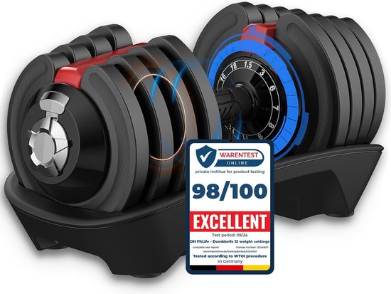 DH FitLife Verstellbare Kurzhantel - 1,5 bis 18 kg - Mit Ablagefläche für Krafttraining Damen und Herren - Mit Gewichtsscheiben - Für das Training - Variables Gewicht - 12-in-1