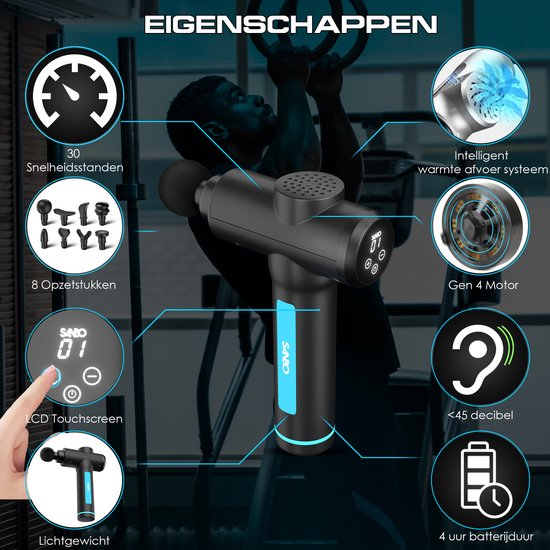Sanbo Massage Gun - Generation 4 - Mit 8 Aufsätzen und 30 Stufen - In Zusammenarbeit mit Physiotherapeuten - Professionell - Sport- und Entspannungsmassagegerät - Massage Gun
