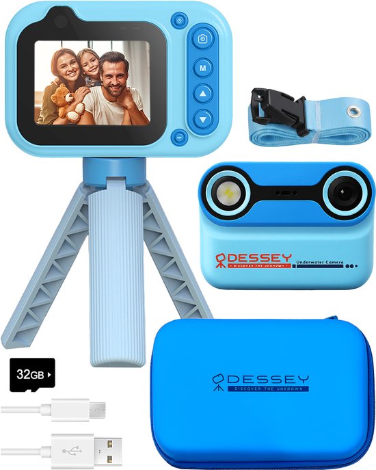 ODESSEY Wasserdichte Kinderkamera - mit Stativ - Full HD - Selfie Kamera - 32GB SD Karte - Foto - Video - Spiele - Digitalkamera Kinder - Fotokamera für Kinder - Blau