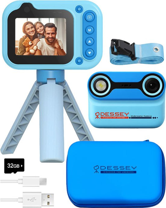 ODESSEY Wasserdichte Kinderkamera - mit Stativ - Full HD - Selfie Kamera - 32GB SD Karte - Foto - Video - Spiele - Digitalkamera Kinder - Fotokamera für Kinder - Blau