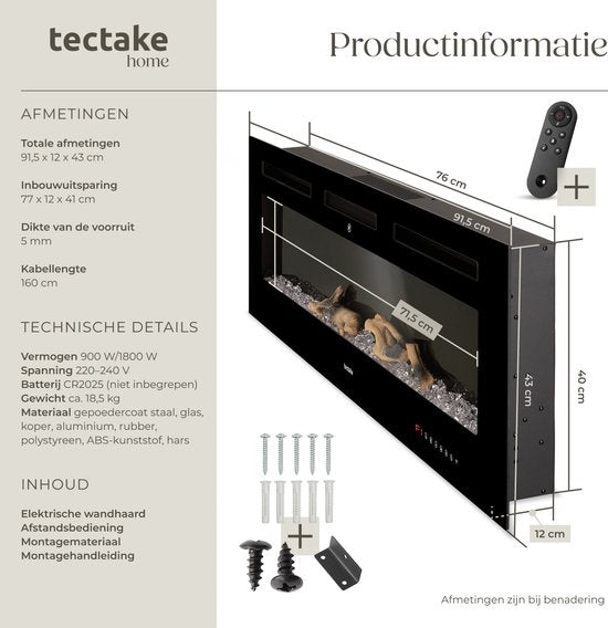 tectake® Wandkamin - Elektrokamin - Atmosphärischer Kamin - 91,5 x 12 x 43 cm - 900W & 1800W - Steuerung per Fernbedienung oder App - mit Thermostat - Ofen - mit Heizung - Kamine - Holz- und Glüheffekte - 3D-Flammen - Timer