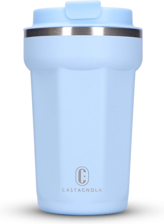 Castagnola Thermos Cup - Kaffeebecher To Go - Reisebecher für Kaffee und Tee - Teebecher - 380 ML - Edelstahl - Hellblau - Octagon
