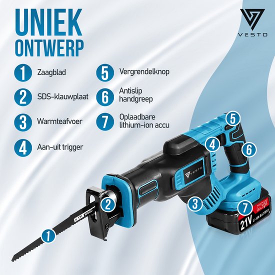 Vesto® Akku-Stichsäge - 21V Li-Ion - Inkl. 2 Akkus, Sägeblätter & Koffer - 25mm Hub - Für Holz, Metall & Kunststoff - Schnellwechselsystem - Kabellos