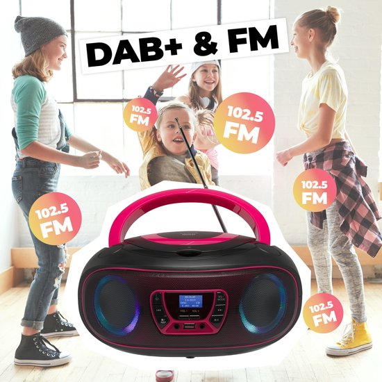 Denver Tragbares DAB-Radio CD-Player Kinder - Bluetooth - Lichteffekte - Boombox - AUX - FM - TDB212PINK