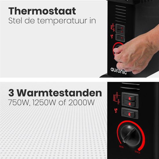 Auronic Elektrokonvektor - 750/1250/2000 Watt - mit Gebläse - Heizung - Heizlüfter - Schwarz