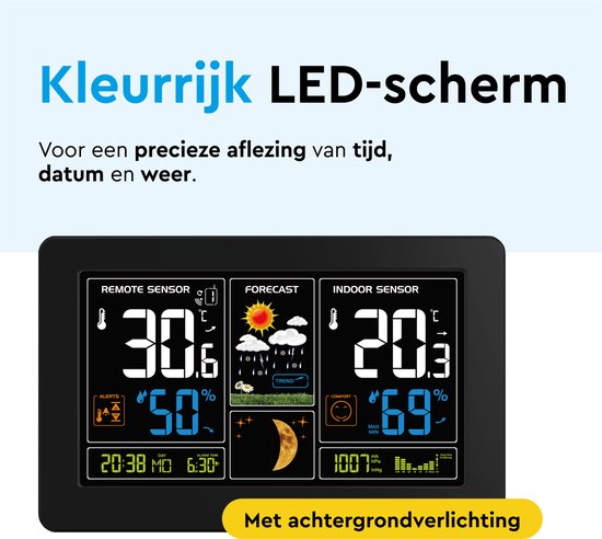 BRASQ Kabellose Wetterstation für den Innen- und Außenbereich - Hygrometer - Luftfeuchtigkeitsmesser - Mit Außensensor bis zu 60 Meter - Thermometer - Barometer - inklusive Batterien