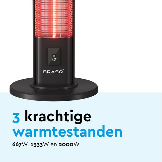 BRASQ Elektrischer Terrassenheizer stehend - 2000 Watt - 3 Heizstufen - Mit Fernbedienung und Timer - Infrarotheizung - Spritzwassergeschützt - Für innen und außen - Schwarz