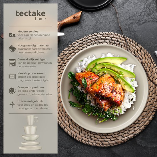 tectake® Geschirrset Una - 30-teilig - Steingut - 6 Personen - Stilvolles und langlebiges Geschirr - Geschirrset mit großen und kleinen Tellern, Schalen, Schüsseln - Tassen - Taupe