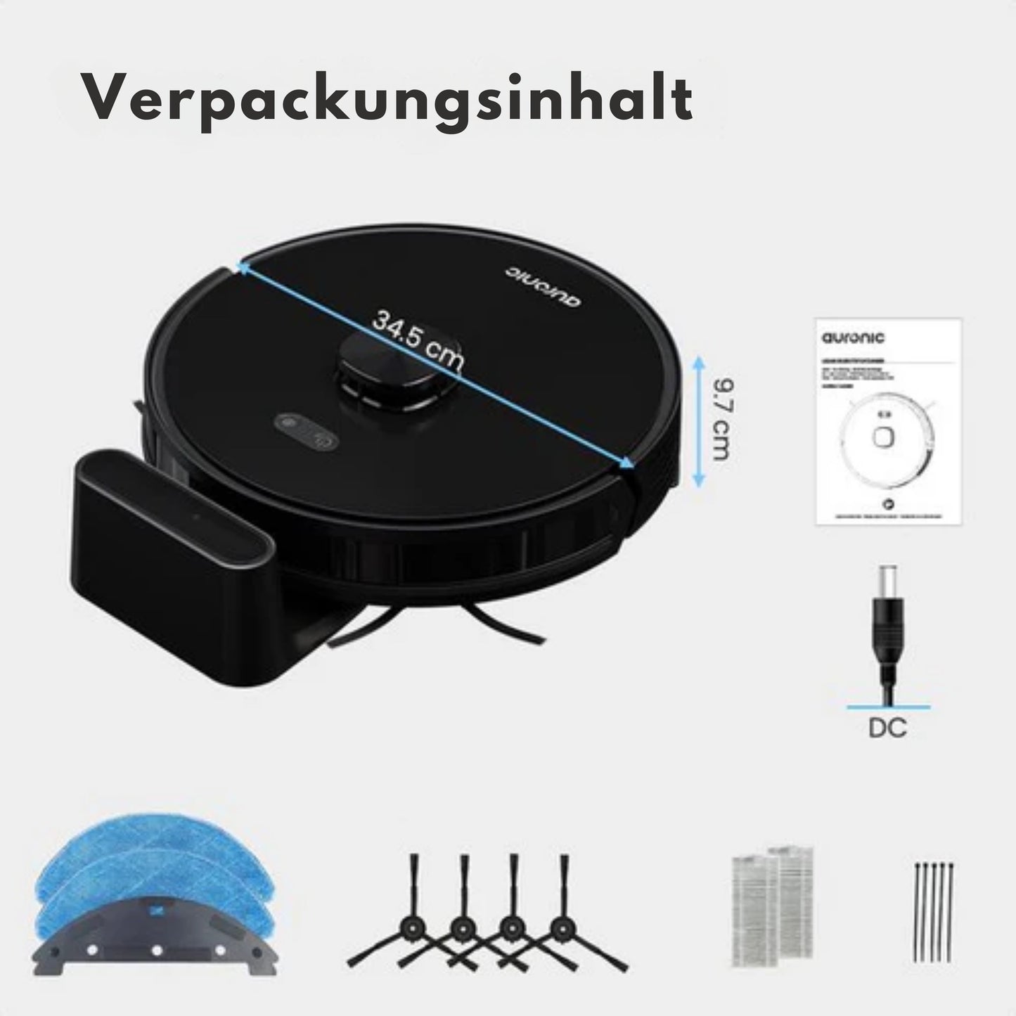 Auronic Staubsaugerroboter - Mit Wischfunktion - WiFi und App - Ladestation - Haustiere - Wischroboter - Lasernavigation - Schwarz
