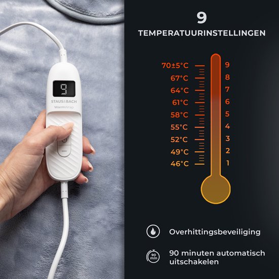 STAUS&BACH WarmWrap - Elektrisches Heizkissen (100W) - Mit 9 Timer- und Wärmestufen - 90 x 60 cm - Für Nacken, Schulter und Rücken - Grau