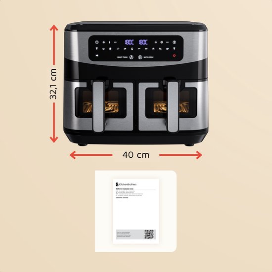 KitchenBrothers Double Airfryer - 2400W - Dual Zone - 9L - Heißluftfritteuse - Airfryer XXL - 2 x 4.5L - 10 Kochprogramme - Edelstahl/Schwarz