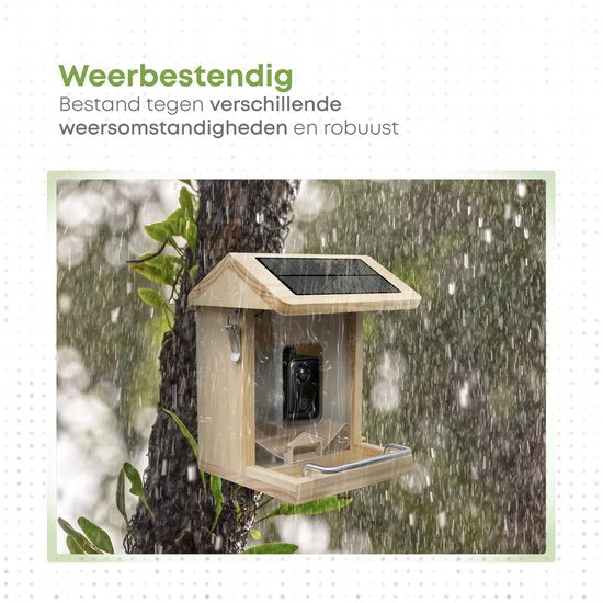 Vogelfutterhaus - Vogelhaus mit Kamera - Holz - AI-Vogelerkennung - 1080 HD - Audio - Mit Solarpanel