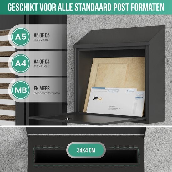 Avalo Briefkasten Schwarz Edelstahl - Wandbriefkasten - Inkl. Montagematerial & 2 Schlüssel