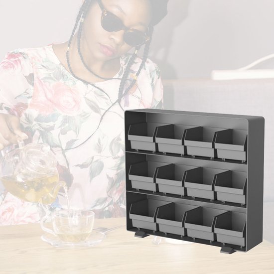 BRASQ Tea Organizer Black TB200 - Teebox 12 Fächer - Küchenorganizer - Teebox - Teebeutelhalter - Platzsparendes Aufbewahrungssystem