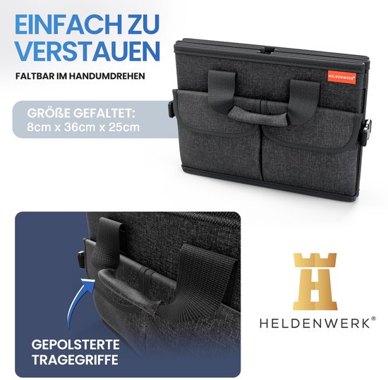 HELDENWERK Premium Kofferraum-Organizer mit Deckel, stabil & rutschfest - Faltbare Kofferraumtasche, groß mit doppeltem Boden - Kofferraumbox, Kofferraum-Organizer-Box