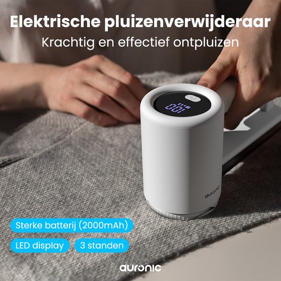 Auronic Electric Lint Remover Pro - Fusselentferner - Akkulaufzeit 120 Minuten - Wiederaufladbar - LED-Anzeige - Entlaubungsgerät - Weiß