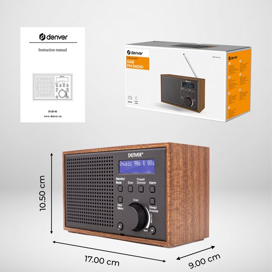 Denver DAB Radio - Retro-Radio - Küchenradio - Tragbares Radio - Batterien & Netz - DAB46 - Darkgrey