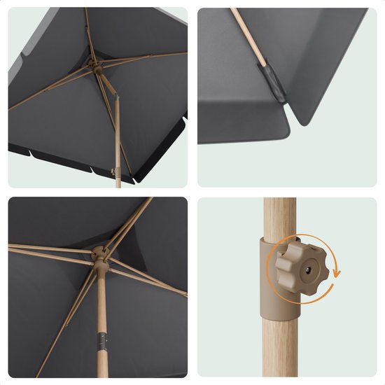 LifeGoods Sonnenschirm - Garten - Balkon Sonnenschirm - 200x125cm - 30° neigbar - Wasserdicht - UPF50+ - Holzbeschichtung - Dunkelgrau