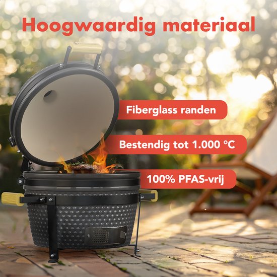 KitchenBrothers Kamado BBQ - 16-Zoll-Holzkohlegrill - 34⌀ cm - PFAS-frei - Deluxe-Set - Eiergrill mit Zubehör - Grau