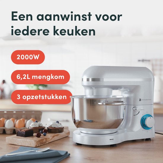 KitchenBrothers Küchenmaschine - Küchenroboter - 6.2L - Mixer mit Rührschüssel - Küchenmixer - 2000W - Perlweiß